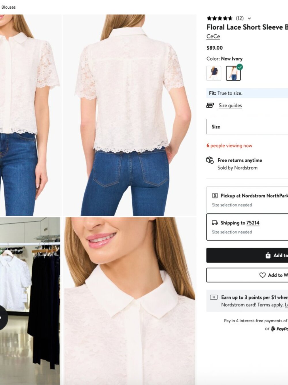 NWT CeCe Floral Lace Short Sleeve Button-Up Shirt White Sz M from Nordstrom NEW! - Picture 4 of 10